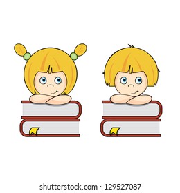 Smart girl and boy students thinking on a pile of books, education concept, vector illustration