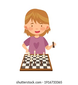 Smart Girl Character Playing Chess on Checkered Chessboard Vector Illustration