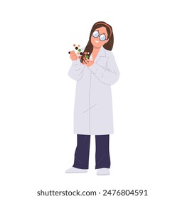 Smart girl child science researcher or developer cartoon character holding molecule model in hands