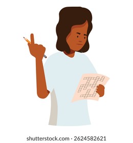 Menina inteligente concentrando-se em resolver palavras cruzadas, segurando lápis e pensando sobre resposta