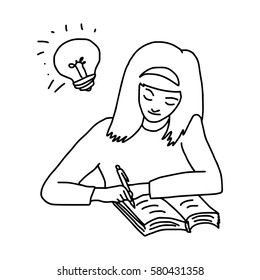 smart girl do homework with a book on a desk and lighten bulb on her head - illustration vector doodle hand drawn, isolated on white background