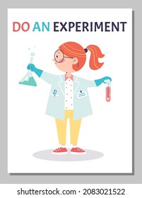 Smart girl doing science experiment in flat vector illustration isolated on white background. Poster with kid holding test tubes with chemicals studying chemistry at school