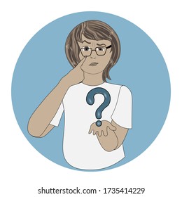 Smart girl with glasses is holding a question mark. Can be used for decoration  in social networks.