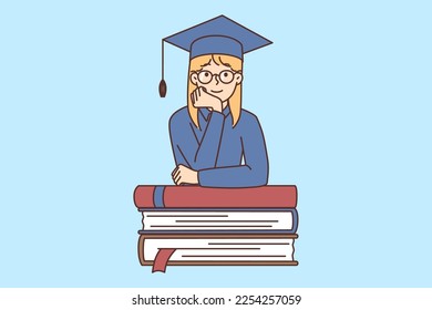 Smart girl in graduation mantle and hat with huge books. Clever female student finish school or college. Education and academic achievement. Vector illustration. 