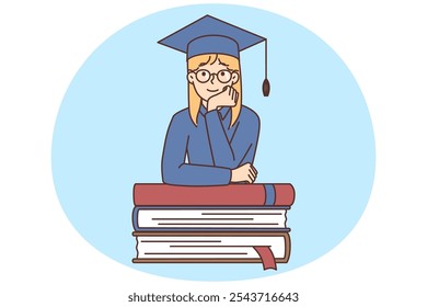 Smart girl in graduation mantle and hat with huge books. Clever female student finish school or college. Education and academic achievement. Vector illustration.