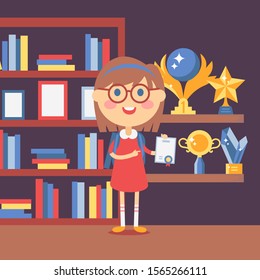 Smart girl holding certificate, vector illustration. Happy proud kid won award in school competition. Books and trophies on shelves in classroom. Smiling schoolgirl with prize for education contest
