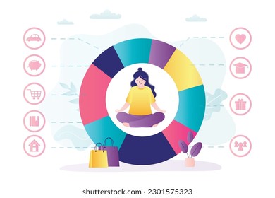 Smart girl planning personal budget in financial planner app. Female character thinking about earnings and spendings. Calm woman sitting in round pie chart with indicators. flat vector illustration