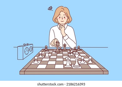 Smart girl playing chess. Clever young woman sit at desk enjoy logical board game. Knowledge and hobby. Vector illustration. 