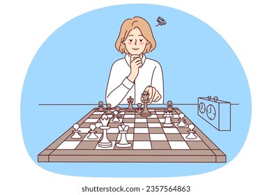 Smart girl playing chess. Clever young woman sit at desk enjoy logical board game. Knowledge and hobby. Vector illustration.