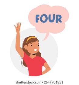 Smart girl preschool cartoon character round portrait with text learning counting four education print vector illustration. Clever female student teaching numbers enjoying fun kindergarten lesson