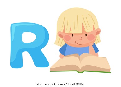 Smart Girl Pupil Sitting Near Big Alphabet Letter R and Reading ABC Book Vector Illustration