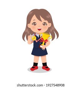 Smart girl in school uniform with gold medal and trophy. Educational clip art. Flat vector cartoon design isolated 