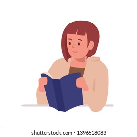 Smart girl sitting at desk and reading book isolated on white background. Student or pupil studying hard, preparing for school test or examination, doing homework. Flat cartoon vector illustration.