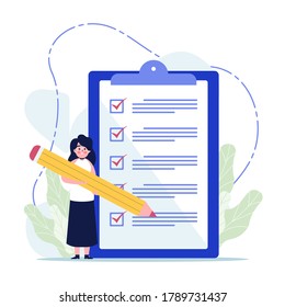 Smart girl standing at the giant check list. Flat vector illustration