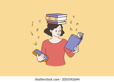 Smart girl student reading books, have textbooks on head, preparing for exam or test at university. Focused young woman study learn distant for college. Education concept. Flat vector illustration.