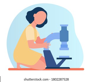 Smart girl using microscope. Child studying biology or chemistry flat vector illustration. School, science, education concept for banner, website design or landing web page