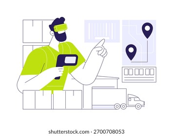Ilustración vectorial de concepto abstracto de gafas inteligentes. El gerente de almacén mira los productos utilizando gafas inteligentes, tecnologías de inventario, selección de visión, metáfora abstracta de productos de control.