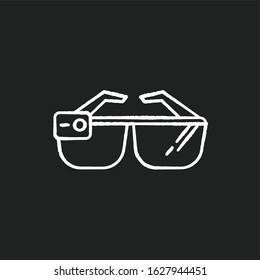 Smart glasses chalk white icon on black background. Smartglasses. Wearable computer optical gadget. Augmented reality technology. Monitoring. Mobile device. Isolated vector chalkboard illustration