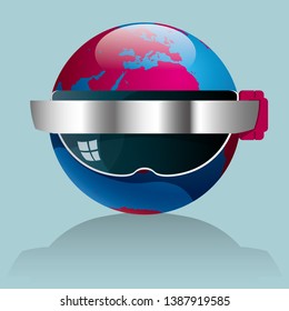 Smart glasses and the earth. Isolated on blue background.