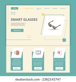 Intelligente Gläser flache Landing Page Website Vorlage. Künstliche Intelligenz, Online-Shopping, intelligente Navigation. Webbanner mit Header, Inhalt und Fußzeile. Vektorgrafik.