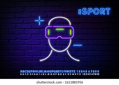 Smart glasses icon. VR Gamer, eSport neon text vector design template. Gaming neon logo, light banner design element colorful modern design trend. Elements of artificial in neon style icons.