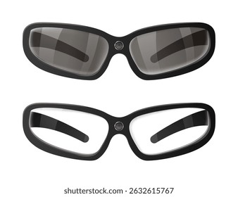 Óculos inteligentes com uma câmera integrada são exibidos, apresentando lentes escuras e claras, adequadas para várias condições de iluminação e aplicações tecnológicas