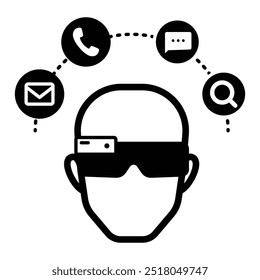 Smart Glasses Interaction Icon. Depicts a head with smart glasses surrounded by communication symbols for wearable tech applications. Man wear VR glasses. Flat illustration style. 