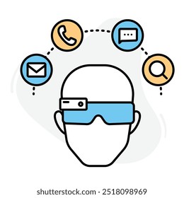 Smart Glasses Interaction Icon. Depicts a head with smart glasses surrounded by communication symbols for wearable tech applications.