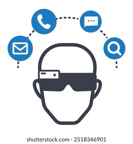 Smart Glasses Interaction Icon. Depicts a head with smart glasses surrounded by communication symbols for wearable tech applications.