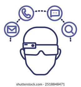 Smart Glasses Interaction icon. Simple vector icon of head wear smart glasses showing different symbols.  