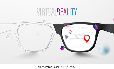 Smart Glasses with Map and Red Pinpoint on Screen. VR virtual reality and AR augmented reality technology. Vector Illustration