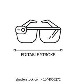 Smart glasses pixel perfect linear icon. Smartglasses. Wearable optical gadget. Augmented reality. Thin line customizable illustration. Contour symbol. Vector isolated outline drawing. Editable stroke