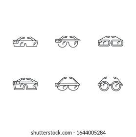 Smart glasses pixel perfect linear icons set. Smartglasses. Wearable gadgets. Augmented reality. Customizable thin line contour symbols. Isolated vector outline illustrations. Editable stroke