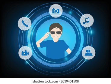 Smart glasses technology on futuristic background. Man wearing eyeglasses for taking picture, phone call, video recording, music listening and social media.