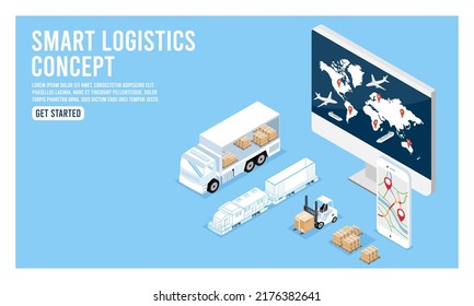 Smart Global logistic service isometric concept with export, import, warehouse business and transport. Vector illustration EPS 10
