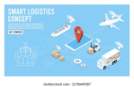Smart Global logistic service isometric concept with export, import, warehouse business and transport. Vector illustration EPS 10
