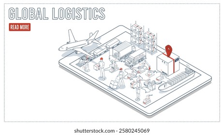 Smart global logistics network integrating multimodal transportation services air, road, and maritime with IoT technology to enable efficient worldwide cargo delivery and instant order fulfillment.