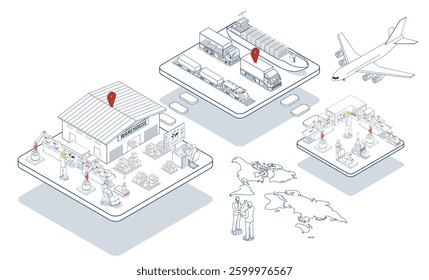 Smart global logistics network integrating multimodal transportation services air, road, and maritime with IoT technology to enable efficient worldwide cargo delivery and instant order fulfillment.