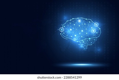 Smart glowing brain on blue abstract digital binary code background. Sciene technology and Digital transformation concept. New futuristic system technology sign and symbol. Vector illustration.