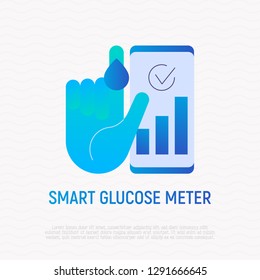 Smart glucose meter gradient flat icon: hand with blood drop and smartphone with a result. Modern vector illustration of diabetes monitoring.
