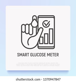 Smart Glucose Meter Thin Line Icon: Hand With Blood Drop And Smartphone With A Result. Modern Vector Illustration Of Diabetes Monitoring.