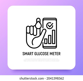 Smart Glucose Meter Thin Line Icon: Hand With Blood Drop And Smartphone With A Result. Modern Vector Illustration Of Diabetes Monitoring.