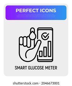 Smart Glucose Meter Thin Line Icon: Hand With Blood Drop And Smartphone With A Result. Modern Vector Illustration Of Diabetes Monitoring.