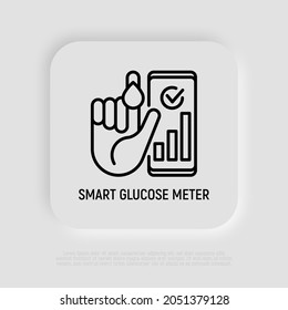 Smart glucose meter thin line icon: hand with blood drop and smartphone with a result. Modern vector illustration of diabetes monitoring.
