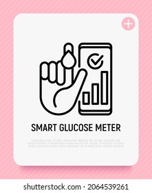 Smart Glucose Meter Thin Line Icon: Hand With Blood Drop And Smartphone With A Result. Modern Vector Illustration Of Diabetes Monitoring.