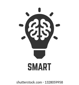 Smart glyph icon with lighting lamp bulb and human brain symbols.