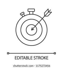 Smart goal linear icon. Timeliness. Thin line illustration. Respecting deadlines. Achievement. Stopwatch with target. Contour symbol. Vector isolated outline drawing. Editable stroke