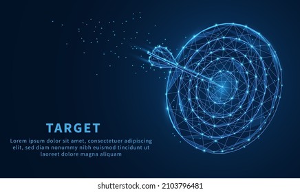 Smart goal setting, dart hit the center of dartboard glowing blue. Low polygon, particle, and triangle style design.Wireframe light connection structure.