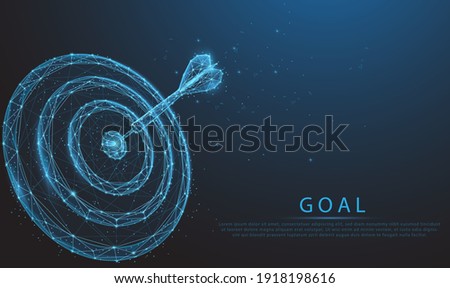 Smart goal setting, dart hit the center of dartboard glowing blue. Low polygon, particle, and triangle style design.Wireframe light connection structure.