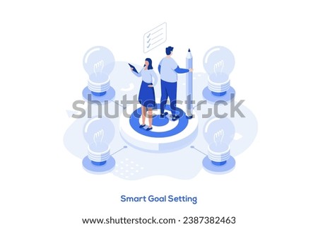 SMART goal setting isometric concept vector illustration. Businesswoman setting smart goals, IT company, strategy development, attainable rate, measurable opportunity abstract metaphor.